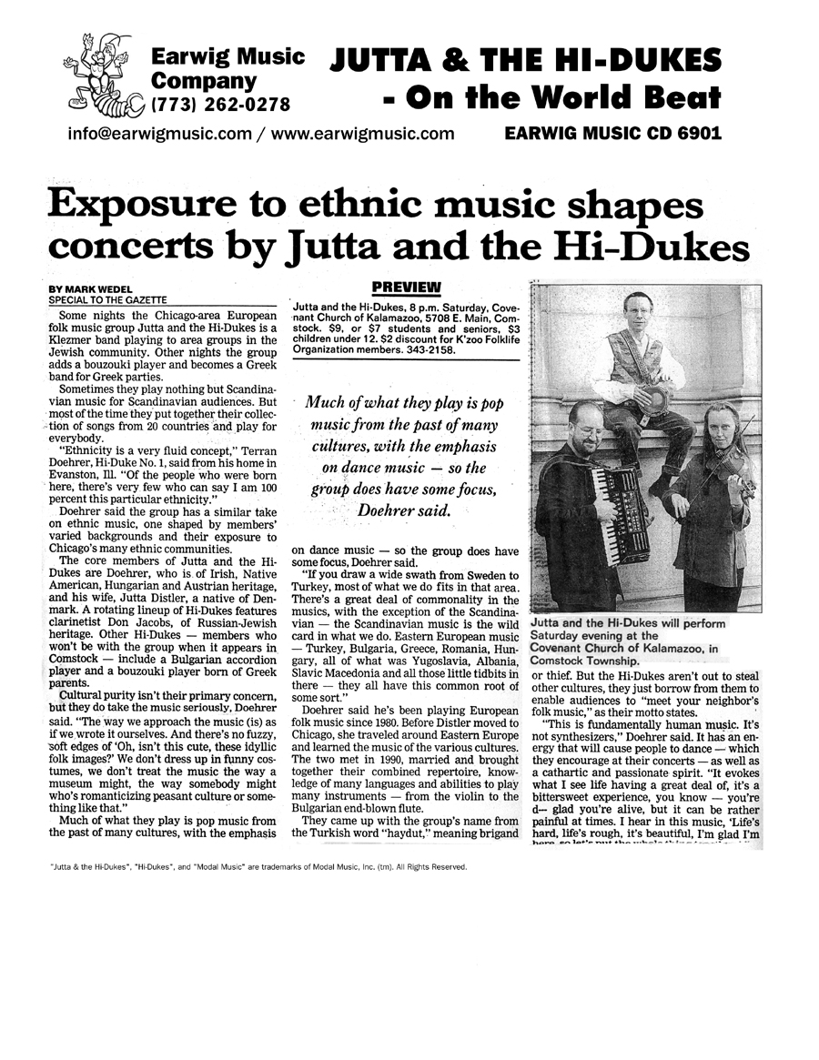 Image of the Kalamazoo Michigan Gazette newspaper clipping from the late 90s about Jutta & the Hi-Dukes (tm)Design &copy; 2011 Modal Music, Inc. (tm) All rights reserved.